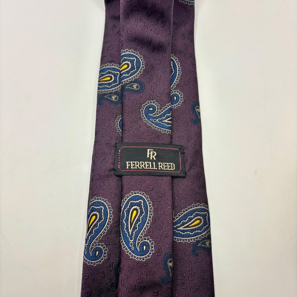 Ferrell‎ Reed Mens Silk Tie Purple Blue Yellow Paisley Woven in Switzerland USA
